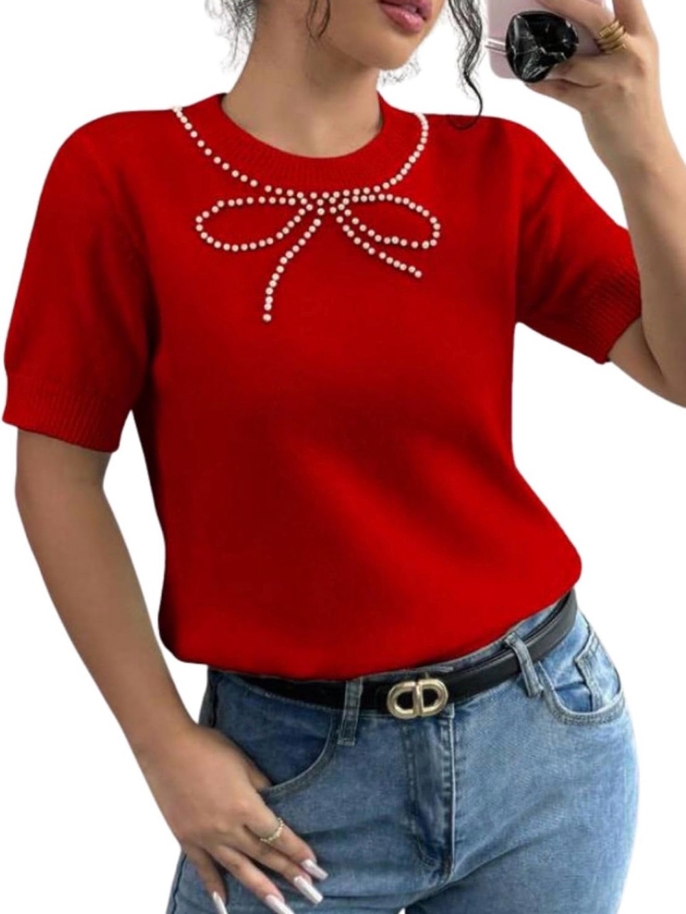 Red Short-Sleeve Knit Top with Pearl Bow Detail